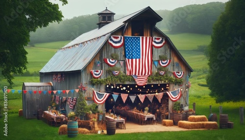 A barn is decorated with American flags and banners
