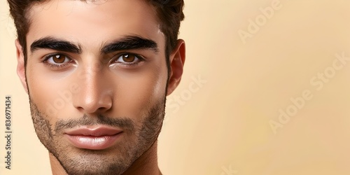 Handsome Egyptian Man s Face in Skincare Advertising Display Banner on Pale Yellow Background © LookChin AI