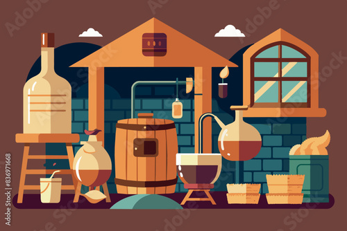 A scene related to the production of wine. Several objects are depicted, with the help of which wine is made - bootles, wooden barrels, oscillator, stove.