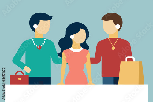 Interior of a jewelry store. A man is choosing jewelry for his girlfriend for her anniversary. Background shows shelves with additional jewelry pieces