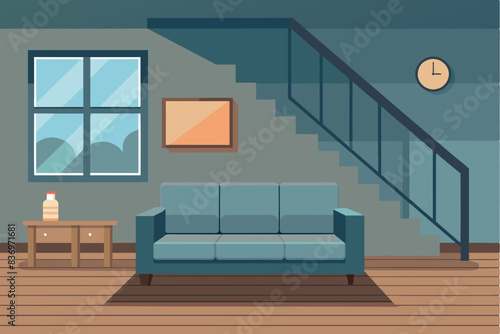 Interior of the living room inside the house. The room has a blue sofa in front of a large window. To the right is a staircase leading upstairs, with wooden steps and no visible handrail. 