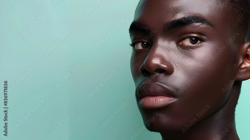 Handsome African Model Showcasing Cosmetic Skincare Products on Mint Green Background Handsome African Model Showcasing Cosmetic Skincare Products on Mint Green Background