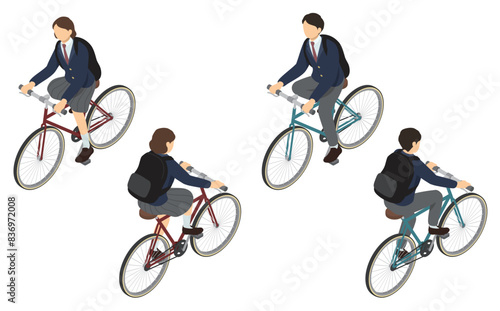 アイソメトリックイラスト：自転車に乗る男女の高校生