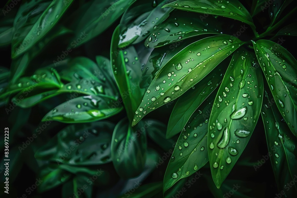 Fototapeta premium Close-up of fresh green leaves with water droplets, showcasing lush foliage and natural beauty, perfect for nature and tropical themes.