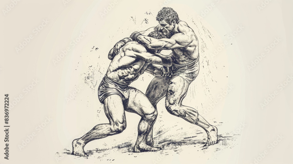 Fototapeta premium A drawing of two men engaged in a intense wrestling match