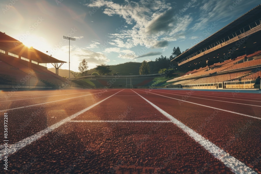 Warm sunset light bathes an empty athletic track in a serene stadium, evoking tranquility and potential Warm sunset light bathes an empty athletic track in a serene stadium, evoking tranquility and potential