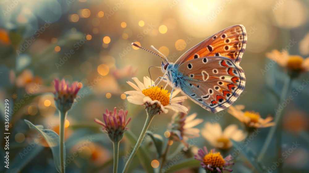 A butterfly is sitting on a flower in a field A butterfly is sitting on a flower in a field