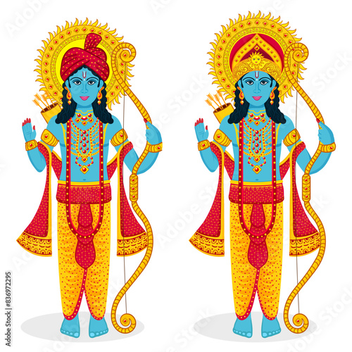 Vector Illustration Set of Lord Rama with turban and crown holding bow in his hand.