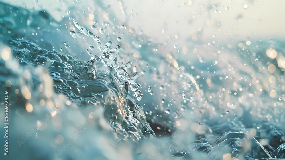 Closeup of water pouring from the top, with a light blue background and white waves in the foreground, Generative AI illustrations. Closeup of water pouring from the top, with a light blue background and white waves in the foreground, Generative AI illustrations.