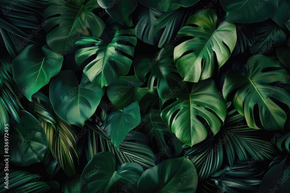 A collection of lush, green Monstera leaves creating a tropical, jungle-like atmosphere. Perfect for nature and botanical themes. A collection of lush, green Monstera leaves creating a tropical, jungle-like atmosphere. Perfect for nature and botanical themes.
