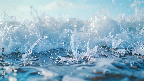 Closeup of water pouring from the top, with a light blue background and white waves in the foreground, Generative AI illustrations. 
