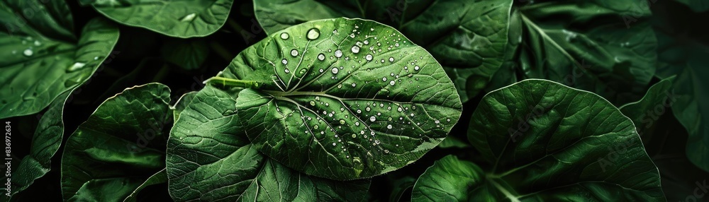 Close-up of lush green leaves with water droplets, showcasing nature's beauty and freshness. Perfect for backgrounds and nature-themed designs. Close-up of lush green leaves with water droplets, showcasing nature's beauty and freshness. Perfect for backgrounds and nature-themed designs.