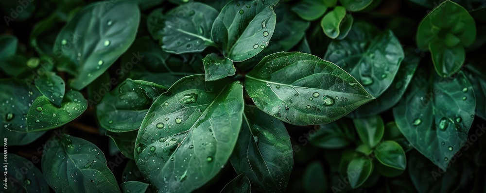 Close-up of lush green leaves with water droplets, showcasing nature's freshness and vitality in a vibrant and captivating manner. Close-up of lush green leaves with water droplets, showcasing nature's freshness and vitality in a vibrant and captivating manner.