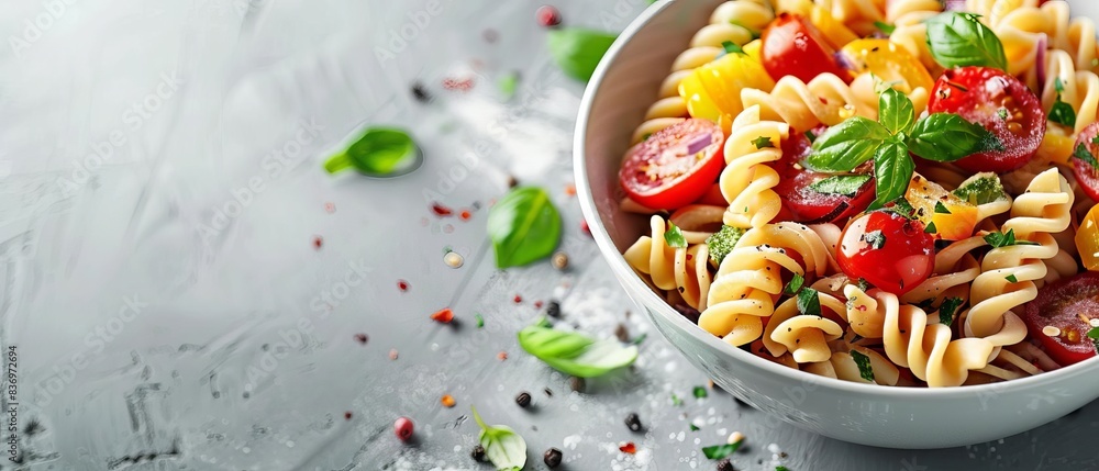 A vibrant bowl of fusilli pasta salad with cherry tomatoes, bell peppers, and fresh herbs, set against a light grey background. A vibrant bowl of fusilli pasta salad with cherry tomatoes, bell peppers, and fresh herbs, set against a light grey background.