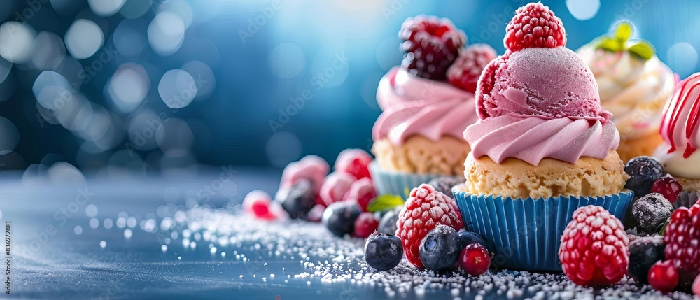 Delicious cupcakes topped with pink frosting and assorted berries on a blue background, perfect for festive and dessert-themed imagery. Delicious cupcakes topped with pink frosting and assorted berries on a blue background, perfect for festive and dessert-themed imagery.