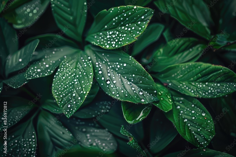 Close-up of lush green leaves with water droplets after rain, showcasing nature's freshness and beauty in a detailed, vibrant, moist presentation. Close-up of lush green leaves with water droplets after rain, showcasing nature's freshness and beauty in a detailed, vibrant, moist presentation.