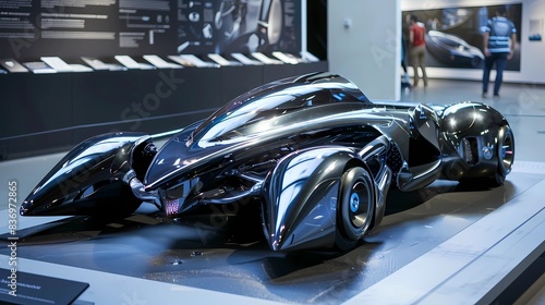 a futuristic car is displayed at the exhibition  Generative AI illustrations. 