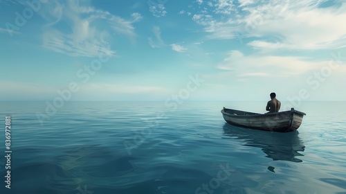 a boat with a man is floating in the water on the sea, Generative AI illustrations.  photo
