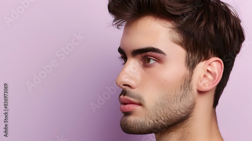 Handsome Argentinian Model in Skincare Advertising Banner on Pastel Purple Background