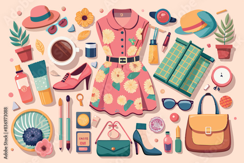various items related to women's fashion and accessories. In the center of the image is a floral dress complemented by a belt. Around are located - hats, sunglasses, bag, shoes, cosmetics.