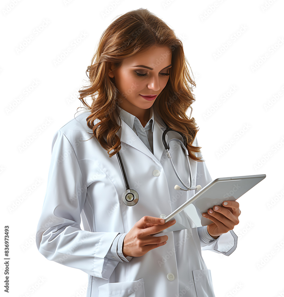 Confident female doctor using smartphone on isolated transparent background Confident female doctor using smartphone on isolated transparent background