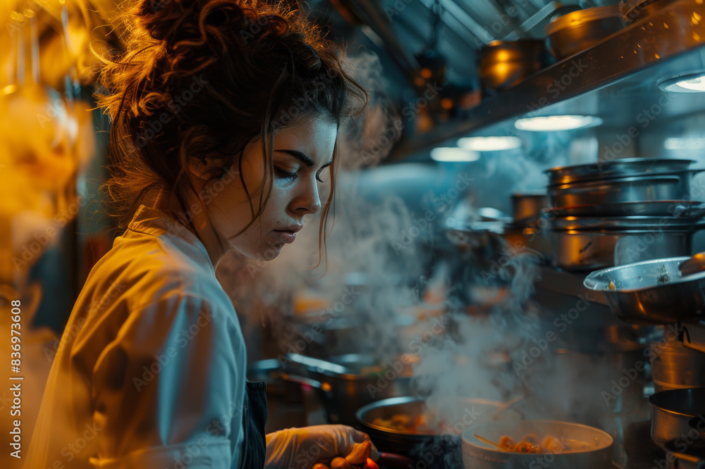 A beautiful female chef cooking in a restaurant kitchen passionately creating delicacies for her customers A beautiful female chef cooking in a restaurant kitchen passionately creating delicacies for her customers