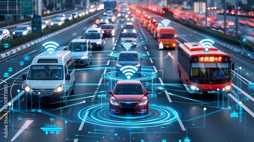 A several self driving autonomous vehicles the advanced connectivity between cars, every car is surrounded by icons showing radio waves, Generative AI illustrations.  photo