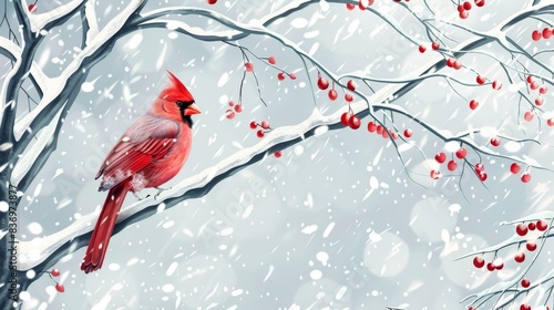 A red cardinal perched on a branch in the snow