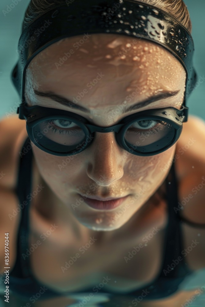A close-up shot of a woman wearing goggles and smiling while swimming in a pool A close-up shot of a woman wearing goggles and smiling while swimming in a pool