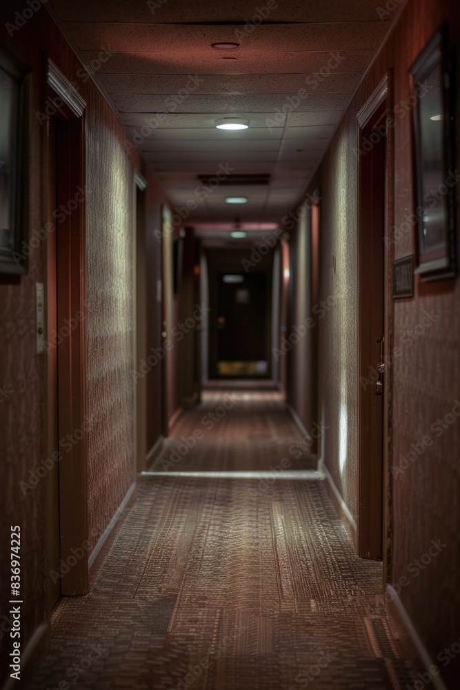 A long hallway with a clock on the wall A long hallway with a clock on the wall