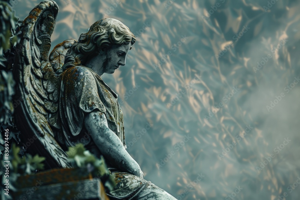 A statue of an angel sitting on a ledge in a minimalist setting A statue of an angel sitting on a ledge in a minimalist setting