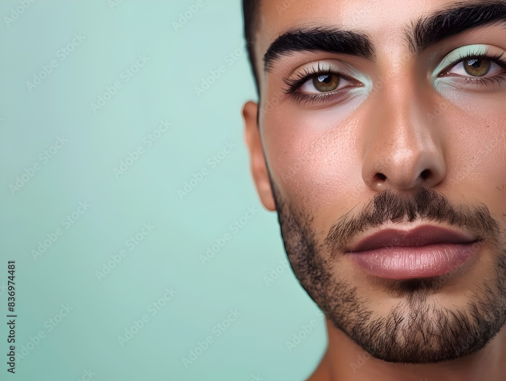 Obraz premium Handsome Middle Eastern Man s Face Featuring Professional Skincare Cosmetics for Advertising