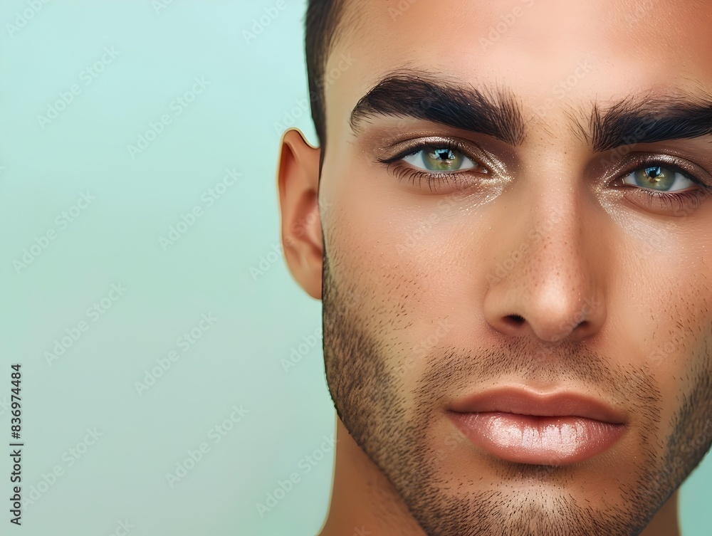 Handsome Egyptian Man s Face in Decorative Skincare Advertising on Seafoam Green Background Handsome Egyptian Man s Face in Decorative Skincare Advertising on Seafoam Green Background