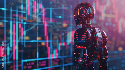 A trading robot standing in stock market analysis  the crypto trading graph, symbolizing the graph growth up, Generative AI illustrations.  © jbstocks