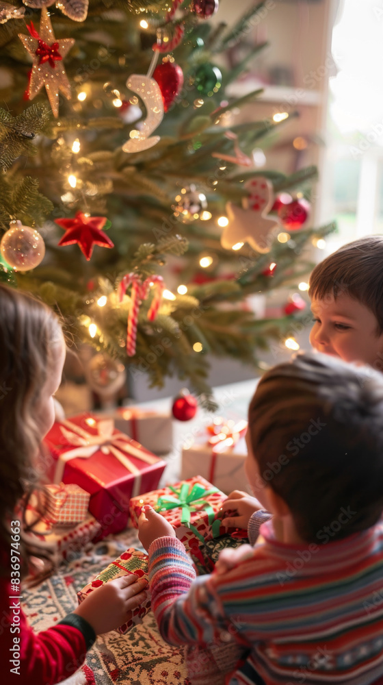 Three children are sitting around a Christmas tree, opening presents Three children are sitting around a Christmas tree, opening presents