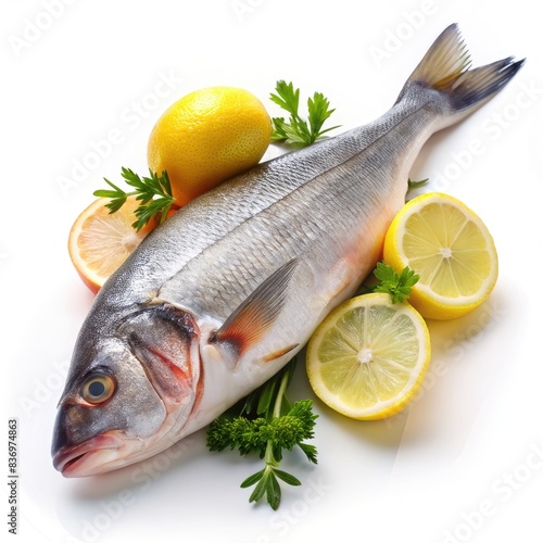 Fresh Raw Fish With Lemon Slices and Parsley on White Background. Generative AI