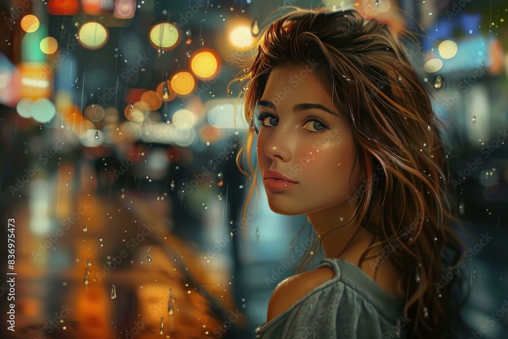 Closeup of a pensive young woman with raindrops and city lights backdrop Closeup of a pensive young woman with raindrops and city lights backdrop