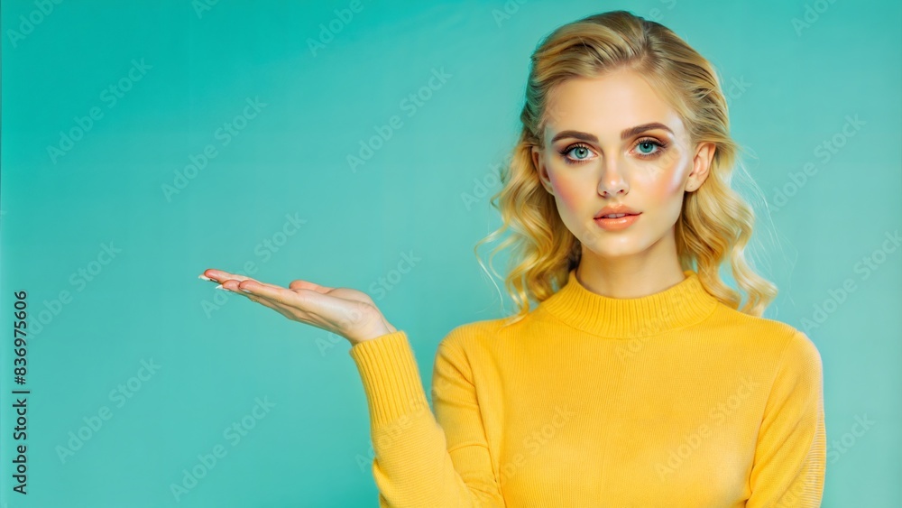 a model with a beautiful eyes for shooting and presenting with palm of hand, shows blank space for your promotion, isolated on blue background a model with a beautiful eyes for shooting and presenting with palm of hand, shows blank space for your promotion, isolated on blue background