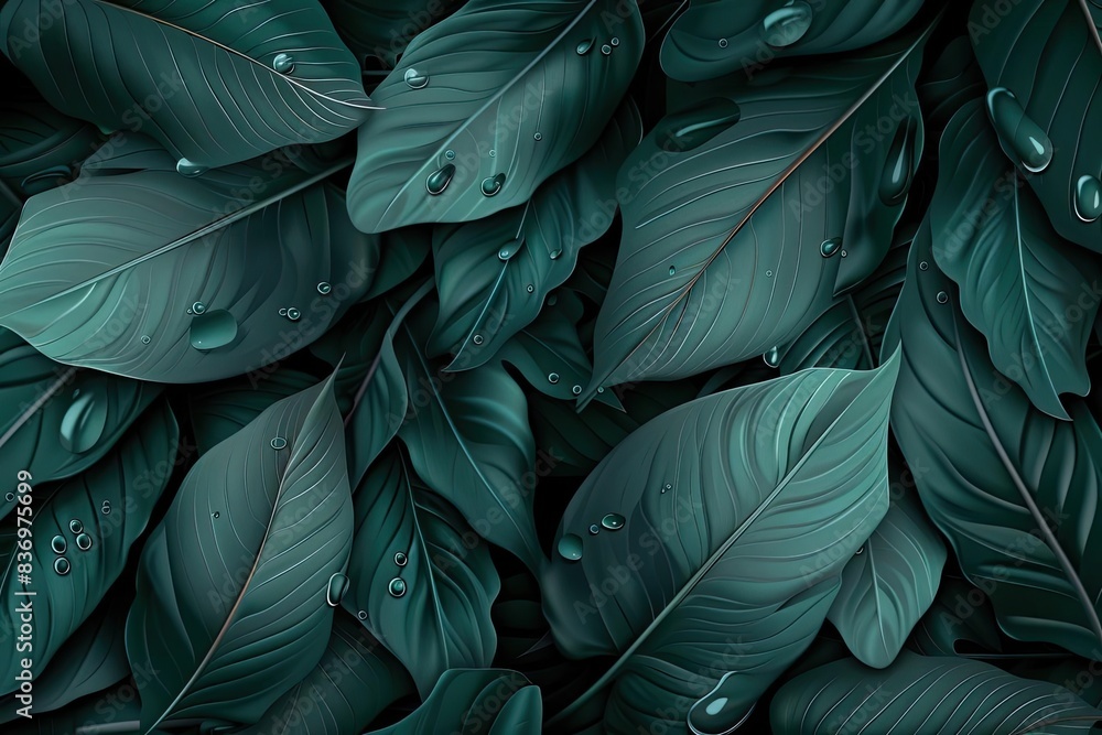 Fototapeta premium Close-up of dark green tropical leaves with water droplets, creating a refreshing and calming natural background.