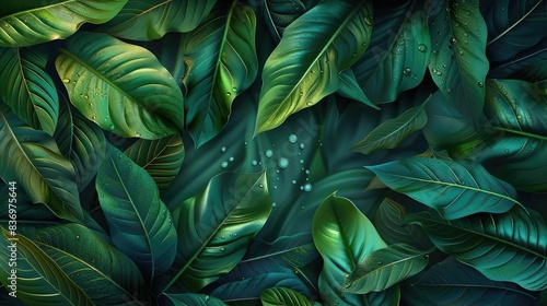 Vibrant green foliage with water droplets, creating a lush and refreshing nature background, perfect for use in various design projects.