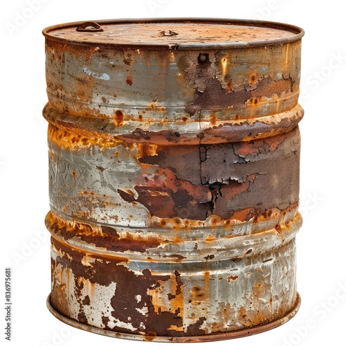 Old rusty steel oil barrel isolated on transparent background Remove, Clipping Path