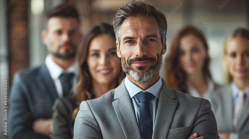 Leader of a corporate team, standing proudly with supportive colleagues Leader of a corporate team, standing proudly with supportive colleagues