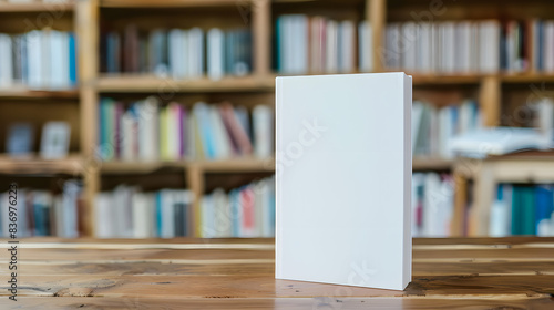 A blank book standing upright on a wooden table with a blurred bookshelf background, ideal for cover design presentations and marketing.  mockup