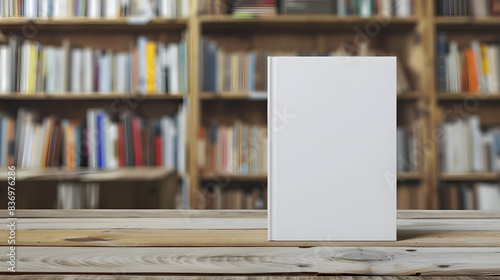 A blank book standing upright on a rustic wooden table in a library setting with bookshelves in the background, perfect for showcasing cover designs. mockup