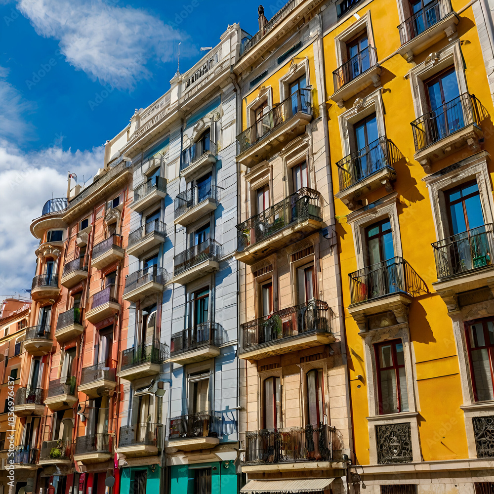 Colorful facades of apartment buildings in the Opera neighborhood in the center of Madrid in Spain

