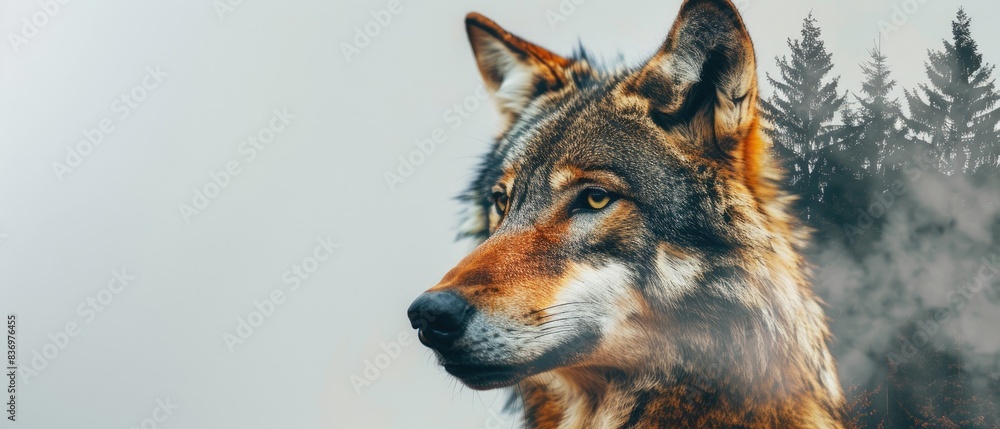 Fototapeta premium Double exposure of a wolf and a dense forest