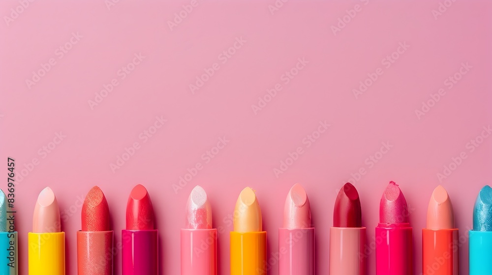 Vibrant array of cosmetic lipstick products on plain pink background in minimalist studio setup Vibrant array of cosmetic lipstick products on plain pink background in minimalist studio setup