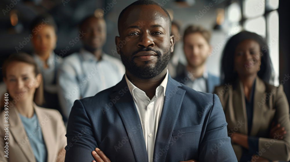 Leader of a corporate team, standing proudly with supportive colleagues Leader of a corporate team, standing proudly with supportive colleagues