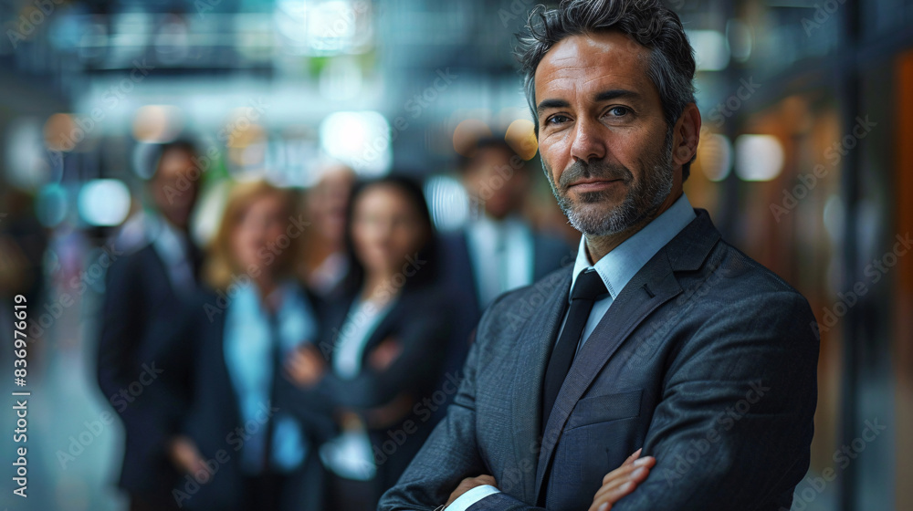 Leader of a corporate team, standing proudly with supportive colleagues Leader of a corporate team, standing proudly with supportive colleagues