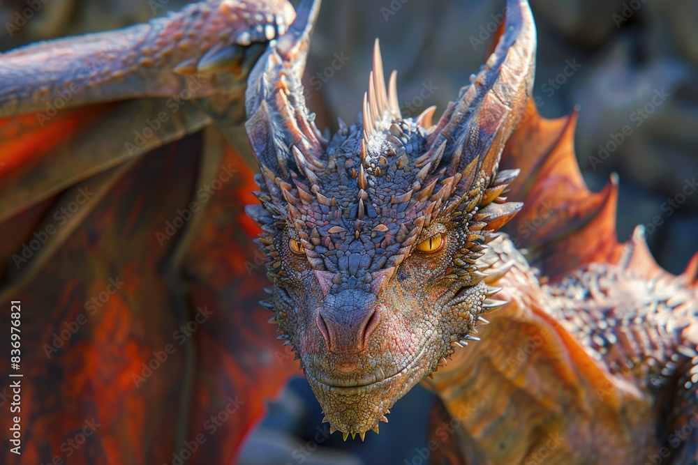 A close-up shot of a dragon's head and wings, perfect for fantasy or mythology-related concepts